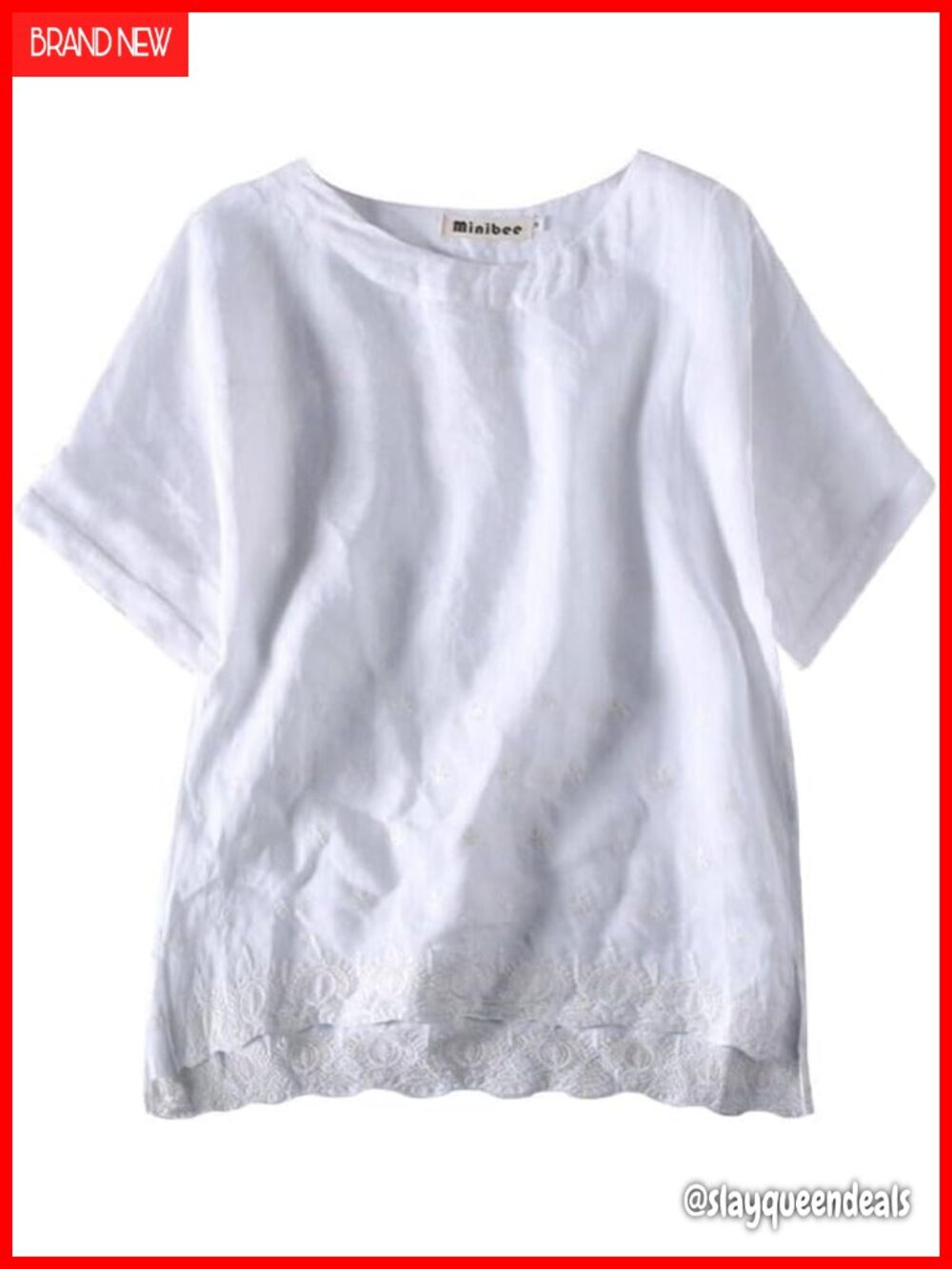 Linen Tunic Shirt Embroidery Hi-Low Hem Short Sleeve Relaxed Fit
